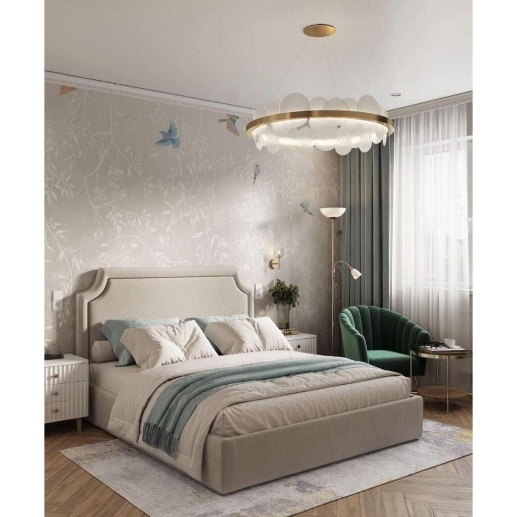 King size bed, beech wood and Hammer velvet, 200×160×120 cm - Beige