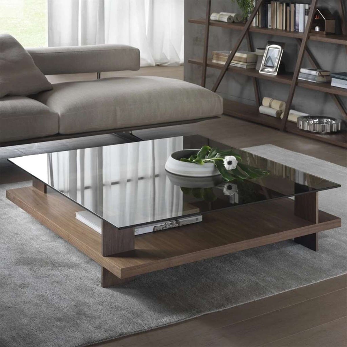 ترابيزة قهوة ام دي اف و زجاج بني - 45×100×100 سم