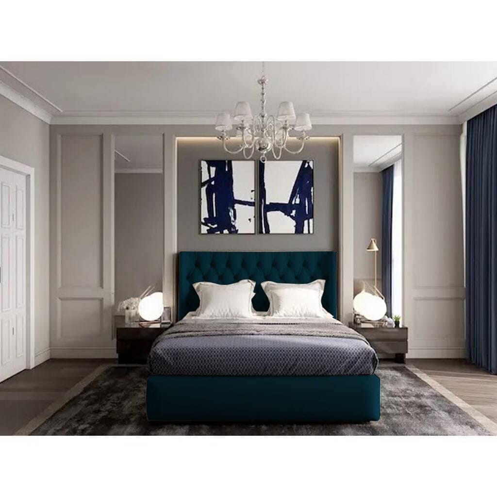 Super King Bed, MDF wood and Hammer fabric, 200 x 180 x 120 cm - Navy Blue