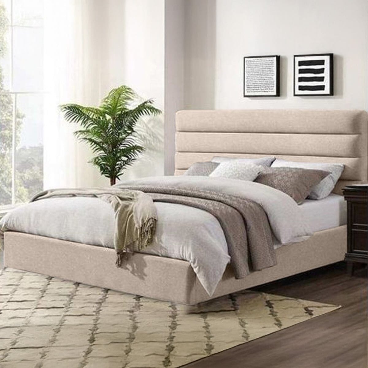 Queen size bed, MDF wood and Hammer velvet fabric, 150x120x195 cm - Beige
