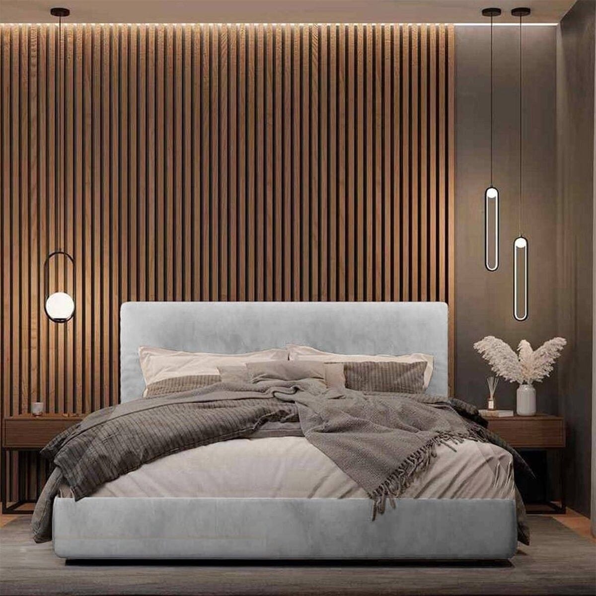 Queen size bed, MDF wood and Hammer velvet fabric, 150×120×195 cm - Gray