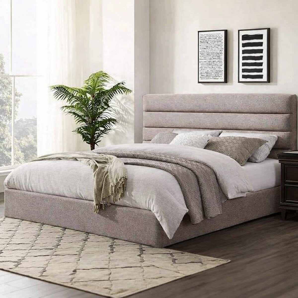 Single MDF wood bed 100x200x120 cm - Beige