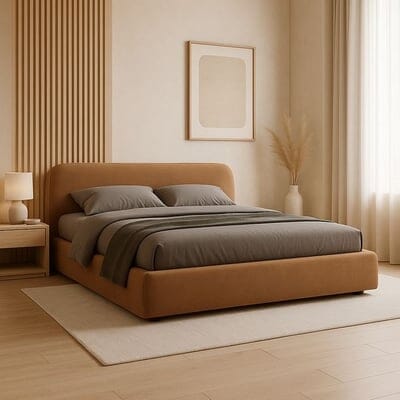 King-size bed, Swedish pine wood and brown velvet - 160 × 200 cm