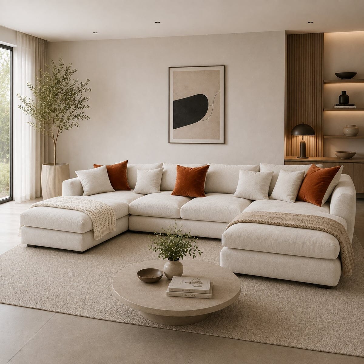 كنبة دائرية خشب زان و قماش كتان أوف وايت - 360×200×100×90×80 سم