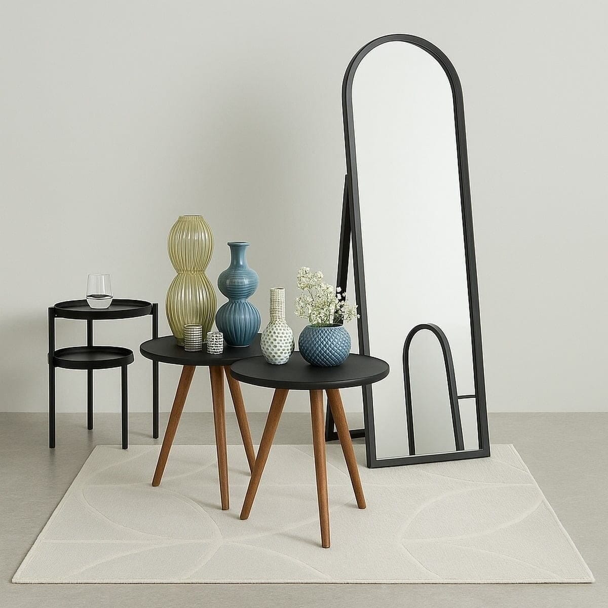 طقم ترابيزة جانبية و مرايا زجاج و خشب ام دي اف 3 قطع - أسود و بني
