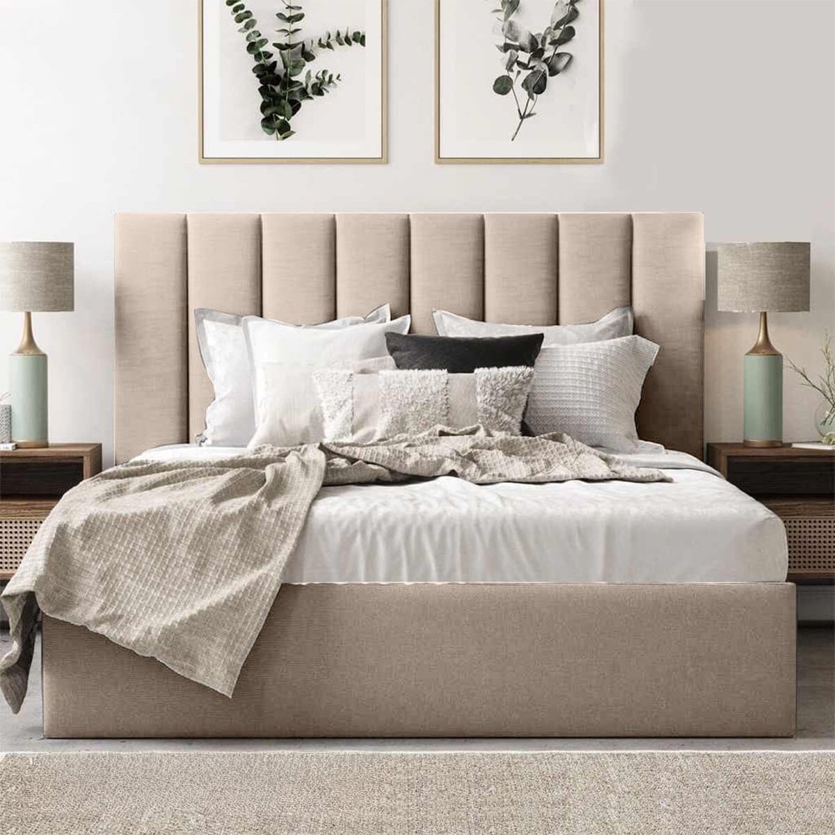 سرير كوين ام دي اف و قماش قطيفة 150×120×195 سم - بيج