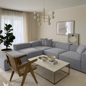 كنبة ركنة و 2 بوف خشب طبيعي و قماش كتان