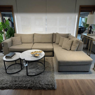 Red beech wood and linen L-shaped sofa - greige