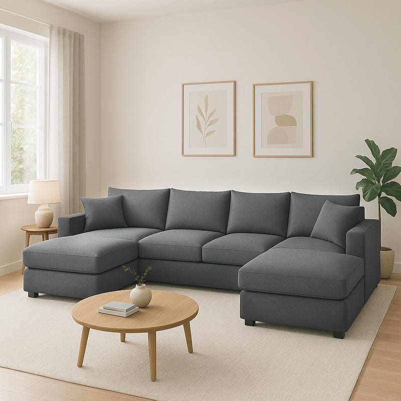 كنبة ركنة شكل U خشب زان، قماش كتان، 320×170×75 سم - رمادى