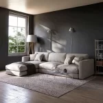 كنبة ركنة خشب زان، قماش كتان، 250×90×150 سم - رمادي