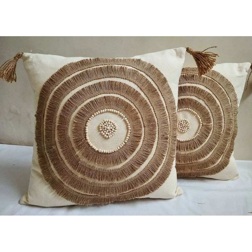 طقم وسائد ديكور كتان  اوف وايت و بنى  - 40×40 سم